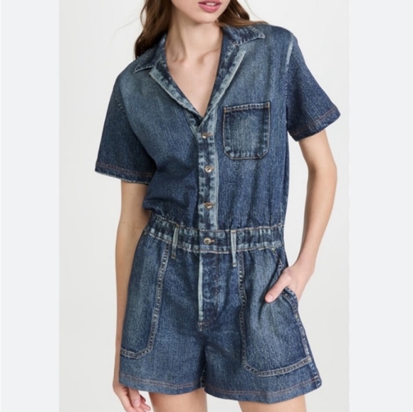 Rag & Bone Women's Miramar Blue Cotton Denim Button Front Romper Sz Small - Picture 1 of 8